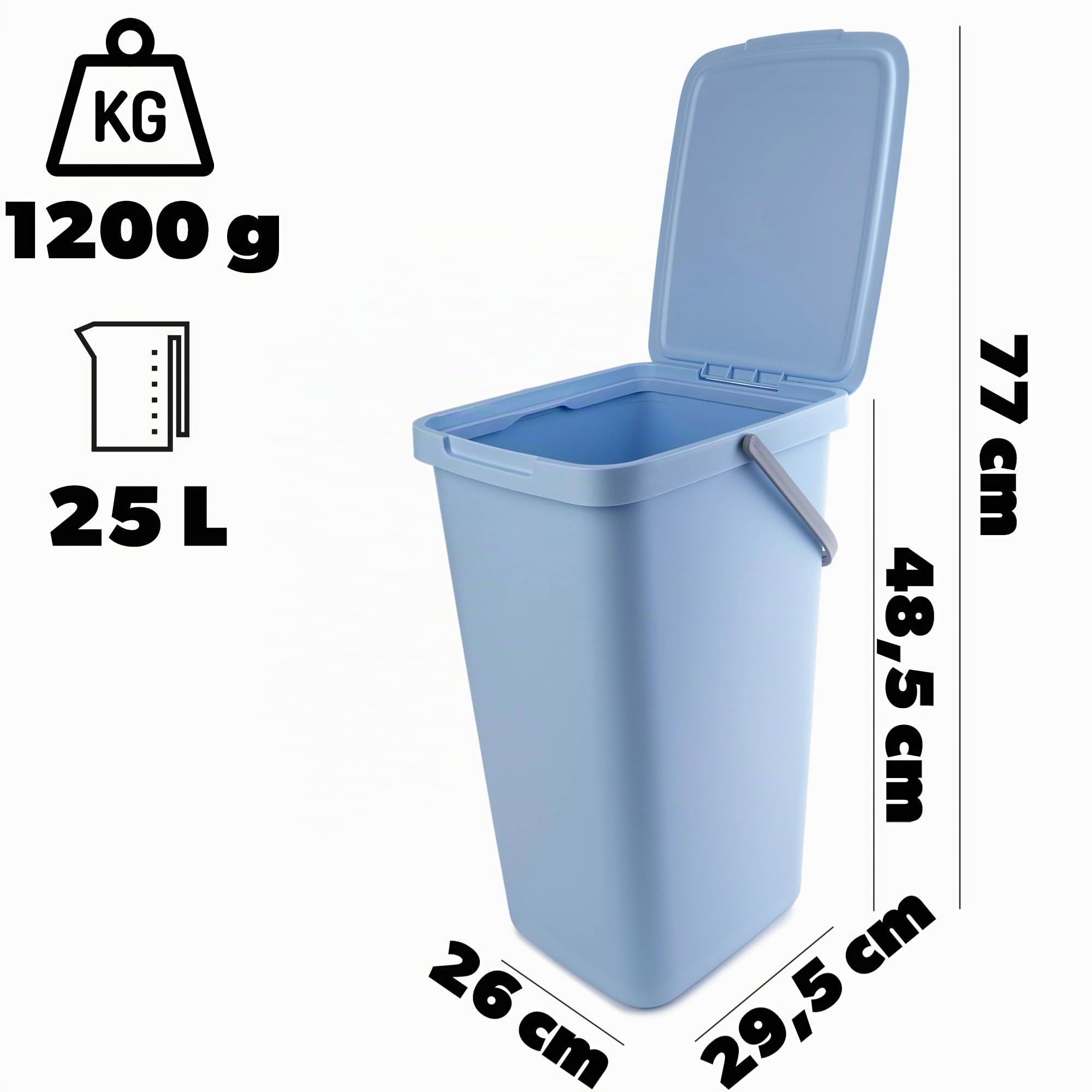 KADAX Abfallbehälter 25L, 3er Set, Abfalleimer aus Plastik mit Deckel und Griff, Mülleimer für Mülltrennung, Abfallsammler mit Klappdeckel (Grün, Gelb, Blau)