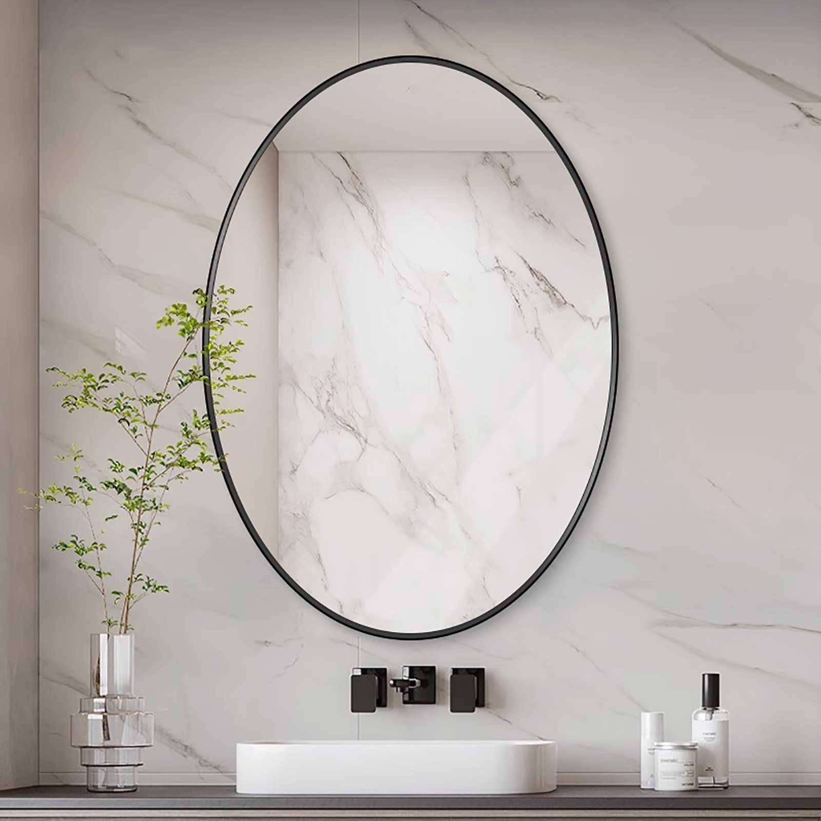 Owalne lustro ścienne z ramą ze stopu aluminium o wysokiej rozdzielczości, lustro łazienkowe dekoracyjne do salonu, łazienki, sypialni i przedpokoju (czarne, 60 x 80 cm/24 x 32 cale)