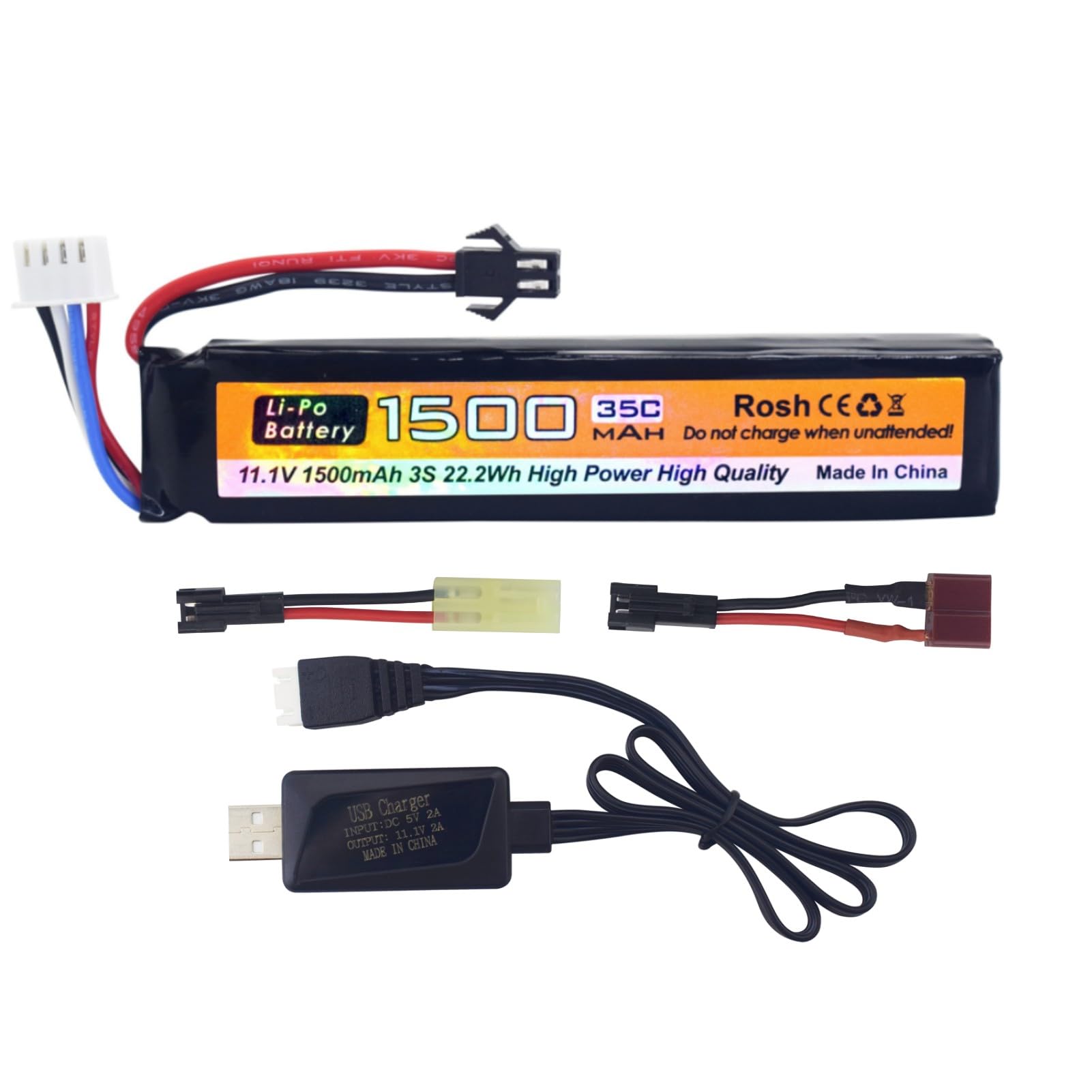 Fytoo 11.1V 35C 1500mAh SM-2P Plug T-Plug Kotamiya Plug Lithium Battery with USB Charging Cable for Airsoft Model Gun Rifle RC Car Drone Battery