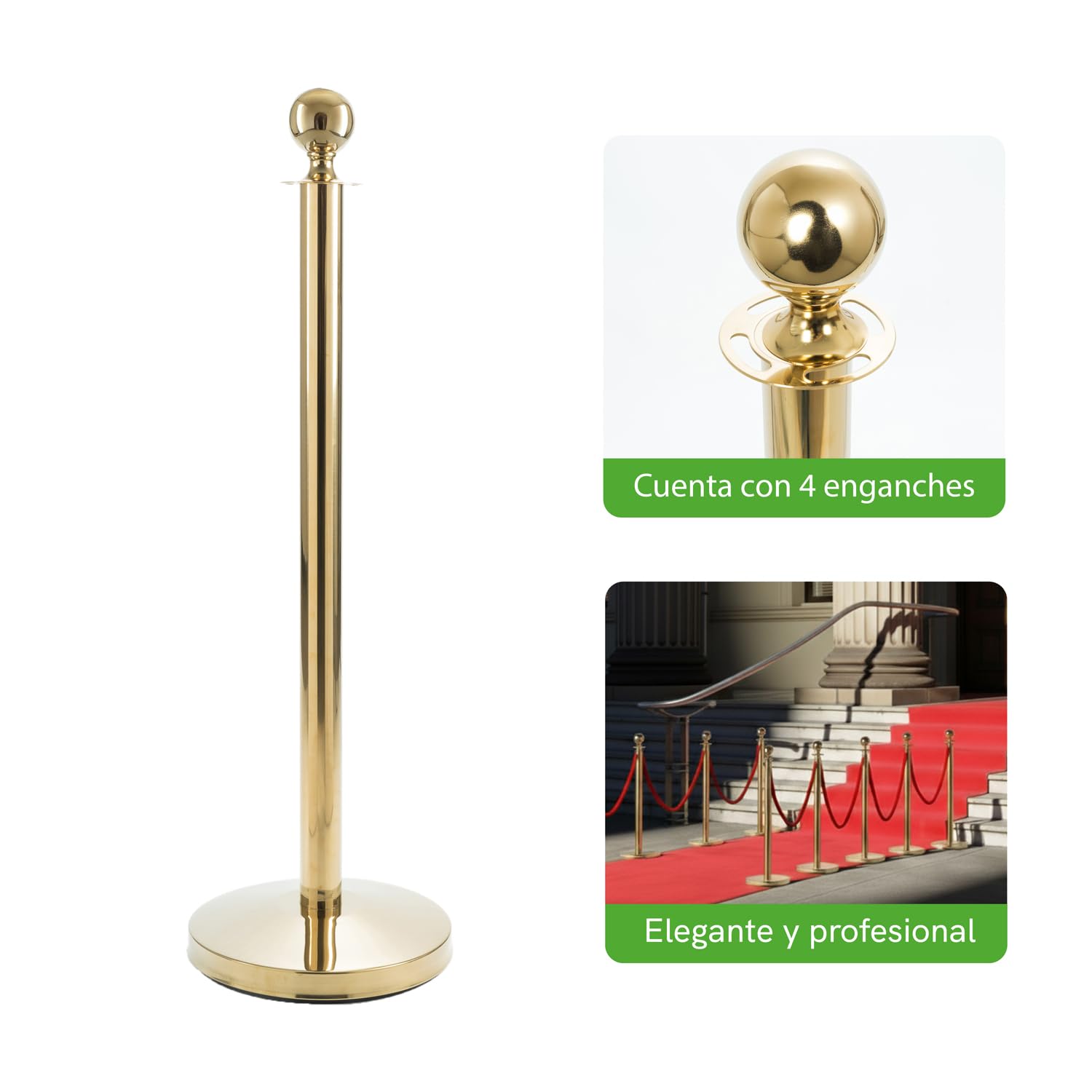 Pack Catenaria Dorada para Eventos Premium y Extensible de Acero | Poste Separador de Acero, Cordón Zona VIP Elegante para Catering. Incluye 2 Mástiles y Cuerda Trenzada. Sol y Carpa