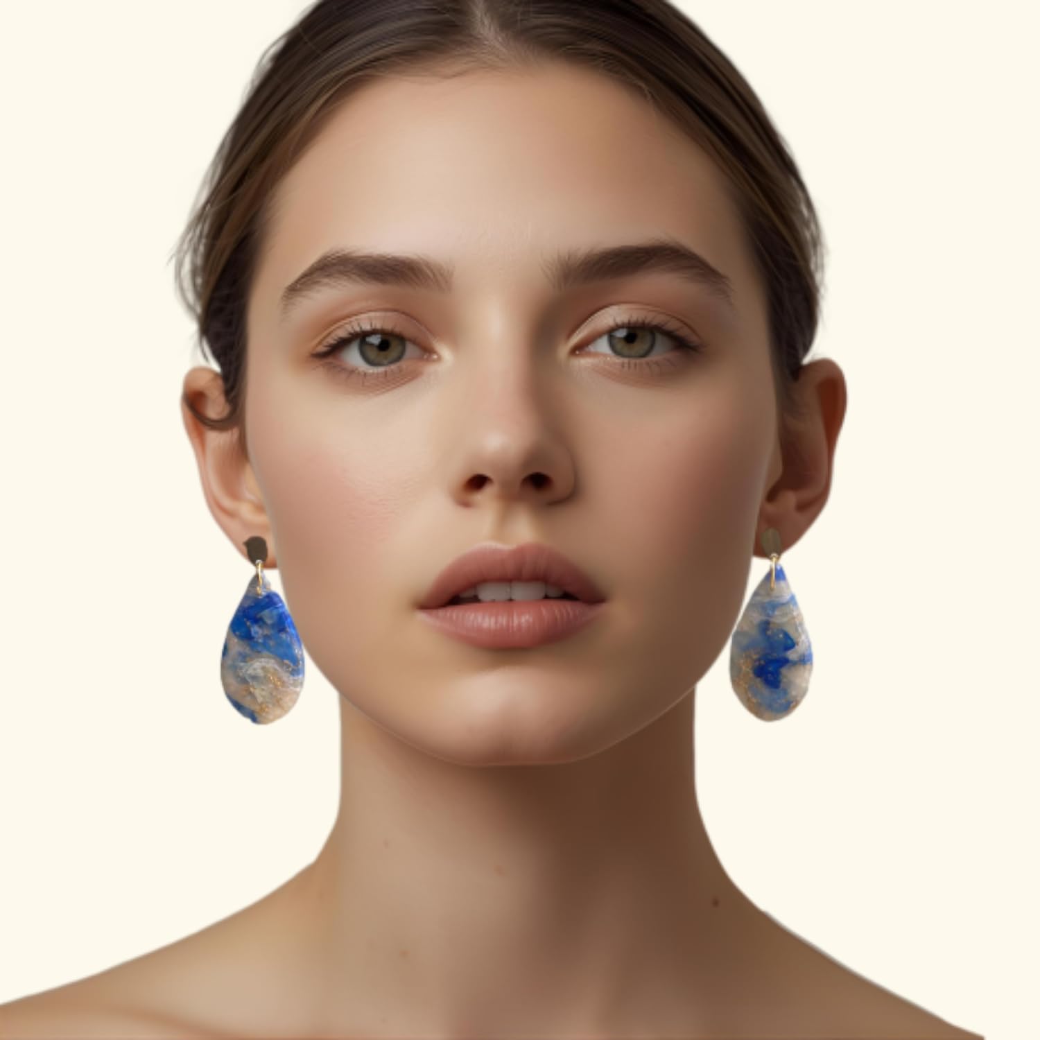Pendientes Colgantes de Gota, Arcilla Polimérica Hecha a Mano, Azul Blanco Dorado Translúcido, 5cm x 2cm, Acero Inoxidable, Ligeros, Estilo Elegante
