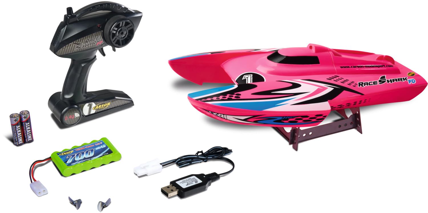 Carson 500108037 Race Shark FD 2.4G 100% RTR Rosa - lancha teledirigida para niños a Partir de 8 años, lancha RC, lancha RC RTR, hasta 25 km/h, 100% RTR (Ready to Run)