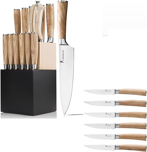 Miniatura 1 de Kangdelun Natura Series - Juego de 14 cuchillos y 6 cuchillos para carne con caja de regalo, acero inoxidable de alto carbono ultra afilado, mango
