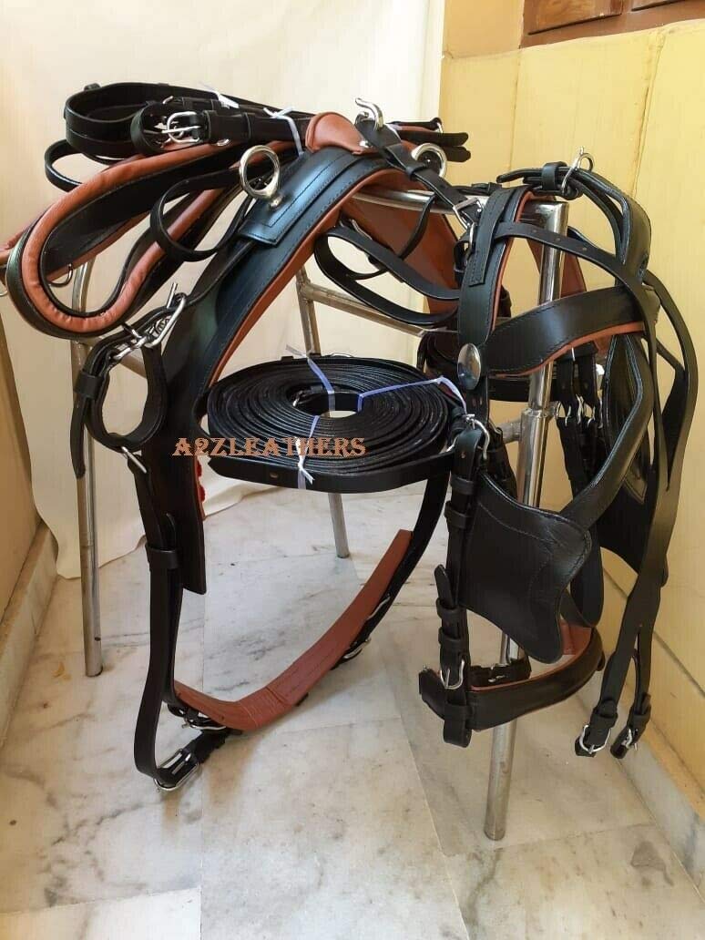 Ecuestrian Universe - Arnés de conducción de cuero negro y bronceado para carro de un solo caballo (mazorca)