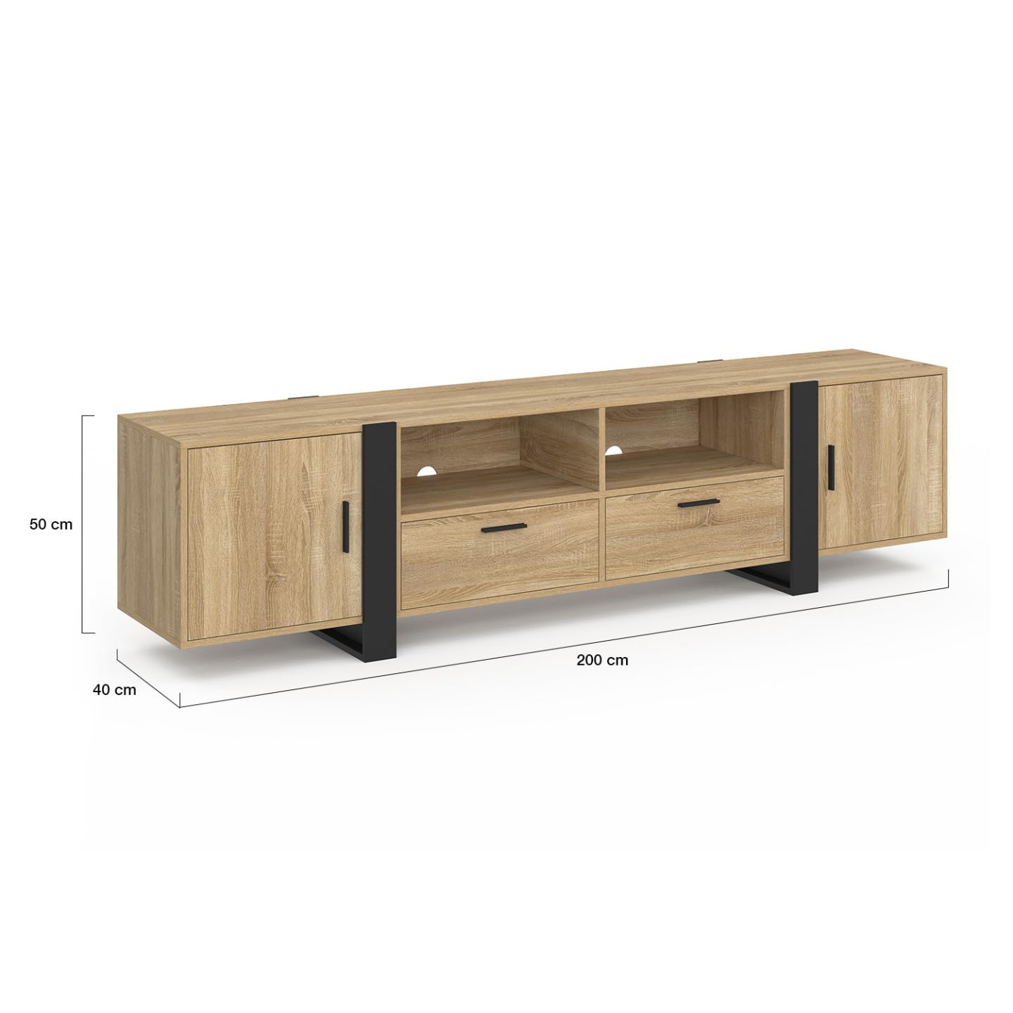 IDMarket - Meuble TV 200 cm Phoenix 2 Portes 2 tiroirs Bois et Noir