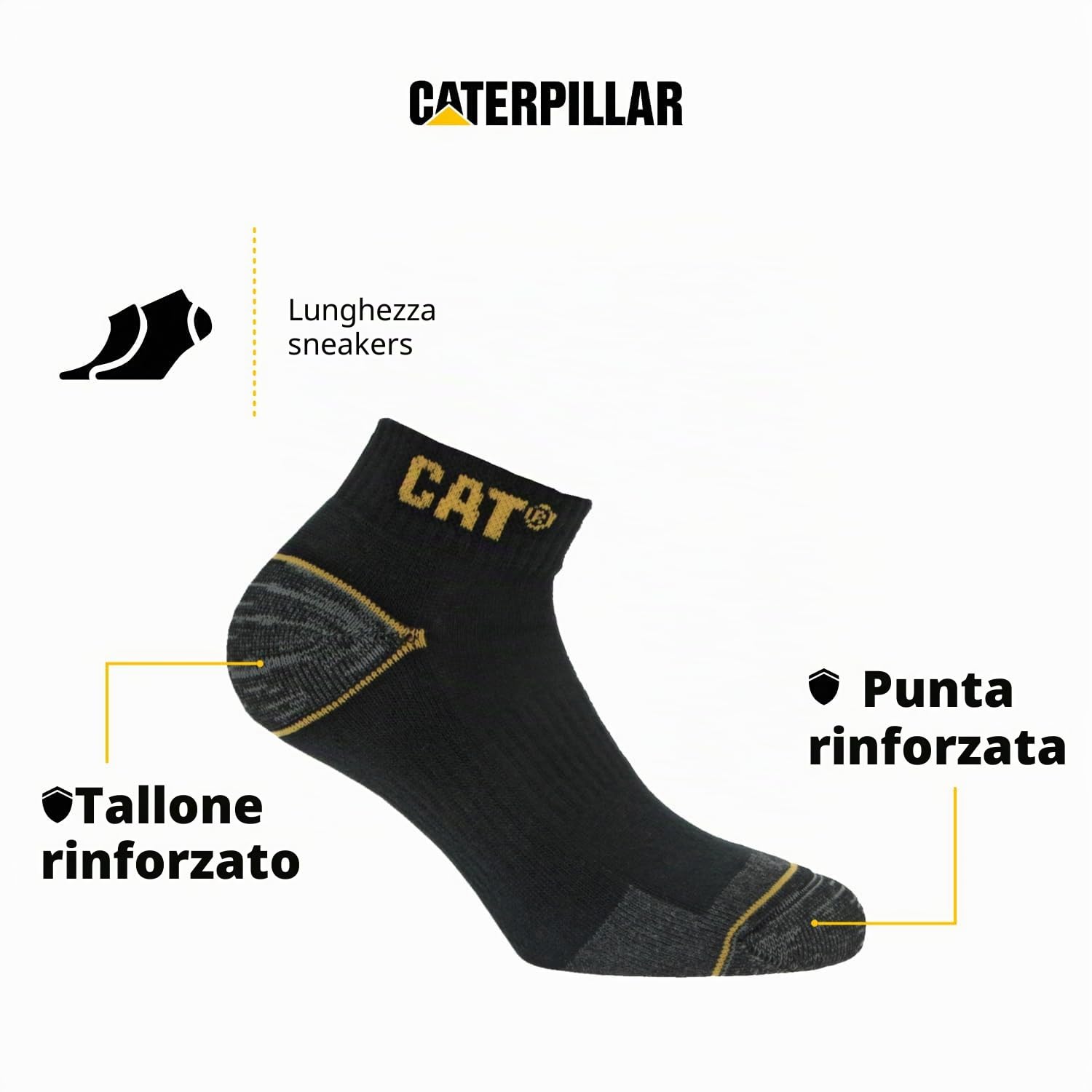Caterpillar 6 Paia Calze Sneaker Lavoro - Punta Tallone Rinforzati - Supporto Arco Plantare - Cotone
