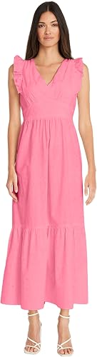 Maggy London Women's Dresses V-Neck Ruffle Details Cotton Poplin Maxi Dress, Pin