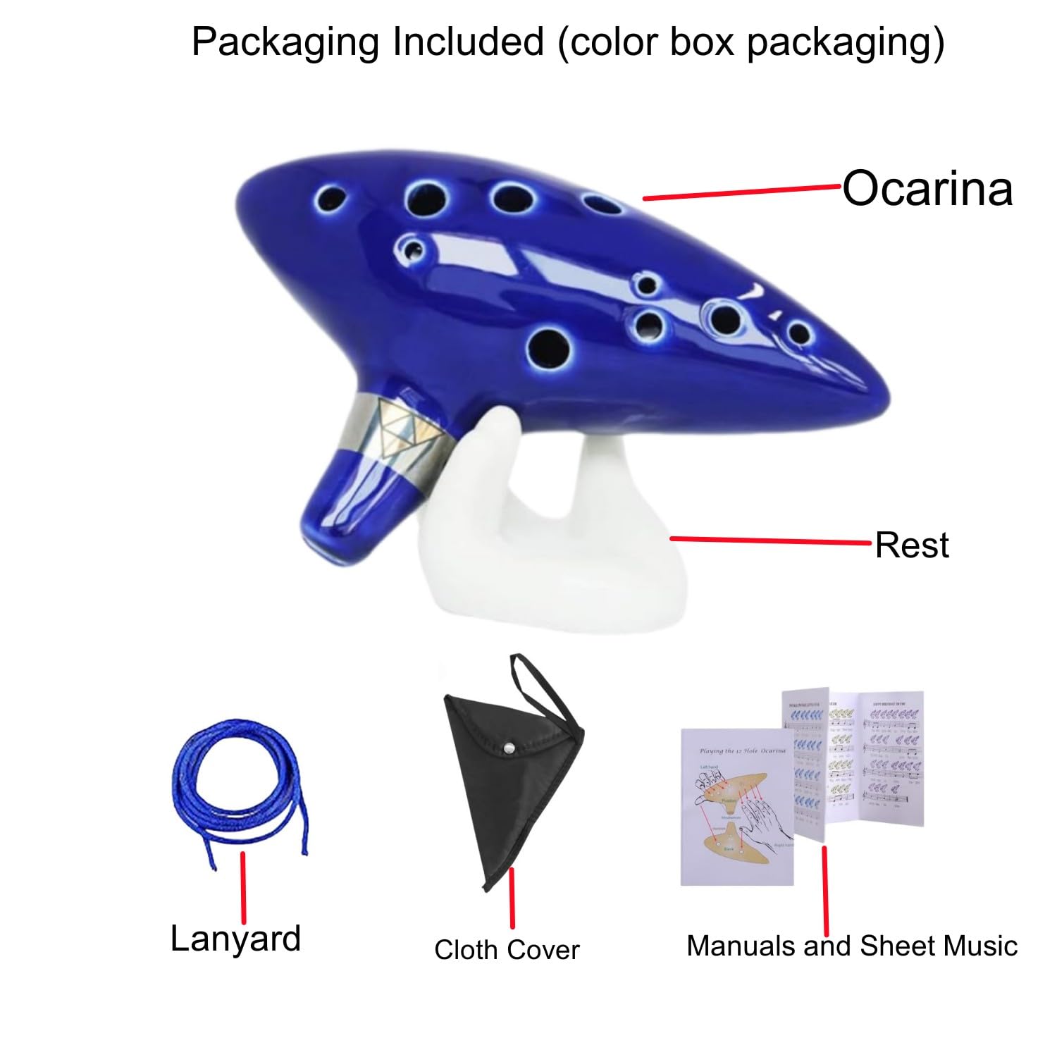 Zelda Ocarina Instrumento con libro de canciones, 12 agujeros alto C azul de cerámica con caja de regalo, soporte de exhibición, correa para el cuello, bolsa protectora