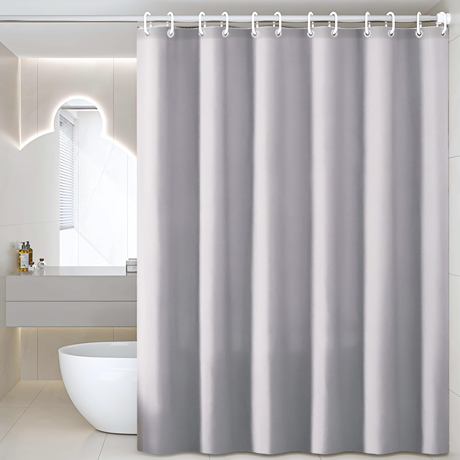 FAVORTALK Shower Curtain Grey Polyester Bathroom Curtains Waterproof Mildew Resistant and Weighted Hem Waterproof Solid Shower Curtains with 12 Hooks Washable 43903