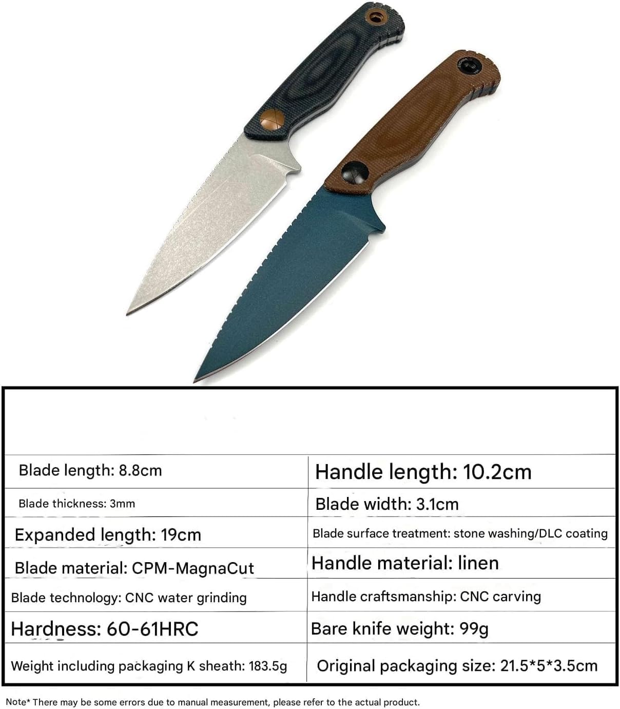 Feststehende Klinge mit CPM-MagnaCut Klinge, Stonewashed/DLC-Beschichtung, Leinengriff, 19 cm Gesamtlänge, K-Scheide, 99 g (A 02)