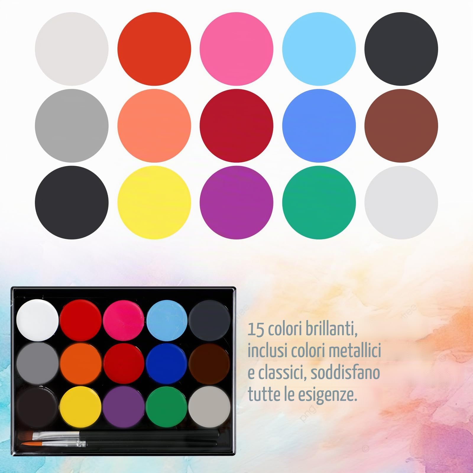 Face Painting 15 Colori – Pittura per Viso e Corpo con 30 Stampini e 2 Pennelli, Naturale, Sicuro e Facile da Rimuovere, Ideale per Feste, Carnevale e Halloween