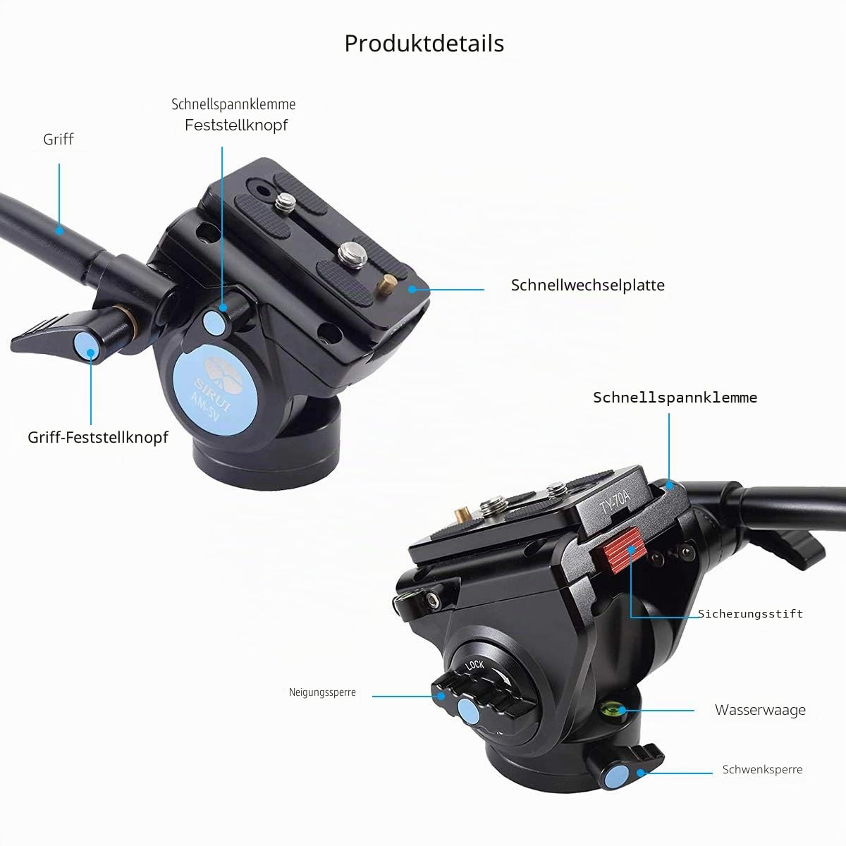 SIRUI AM-5V Fluid Video Kopf Leichtgewicht, 360° Panorama Schwenkneiger mit Arca Swiss Schnellwechselplatte, Tragkraft 3kg für Videokamera, DSLR Kamera