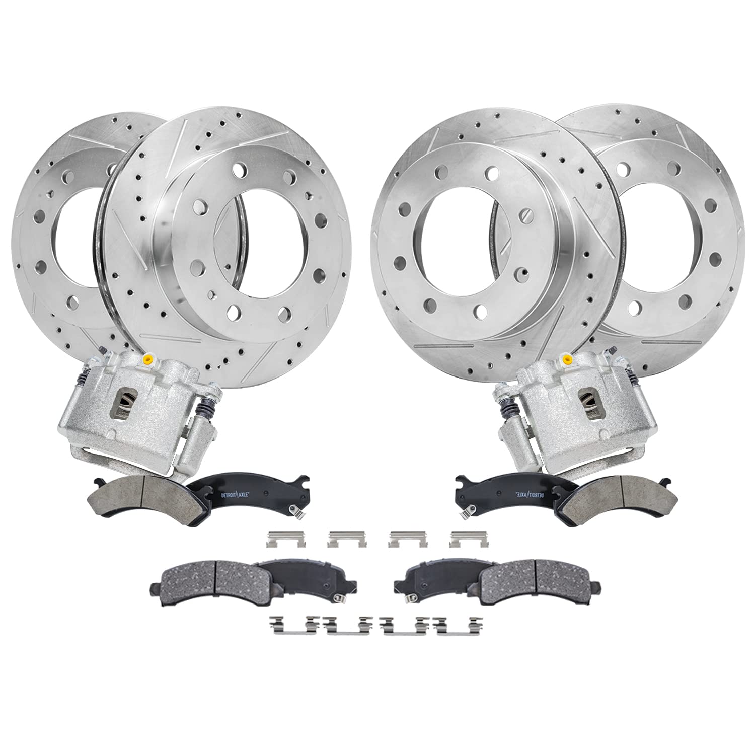 Detroit Axle - Brake Kit for 2006-2016 Chevy GMC Express Savana 2500 | 2003-2020 Express Savana 3500, Front &amp; Rear Drilled &amp; Slotted Brake Rotors Ceramic Brake Pads Rear Brake Calipers
