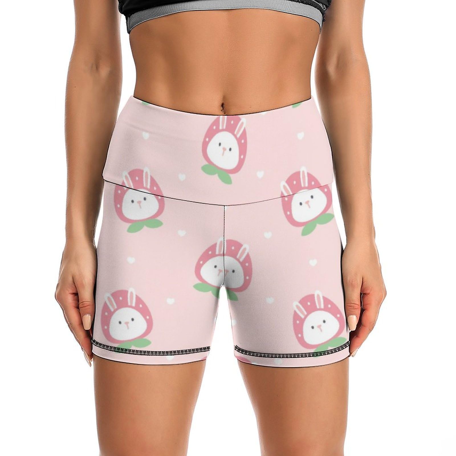 JYYAU Cute Strawberry Bunny Pattern High Waist Yoga Shorts for Women Athletic Shorts Leggings Running Pants