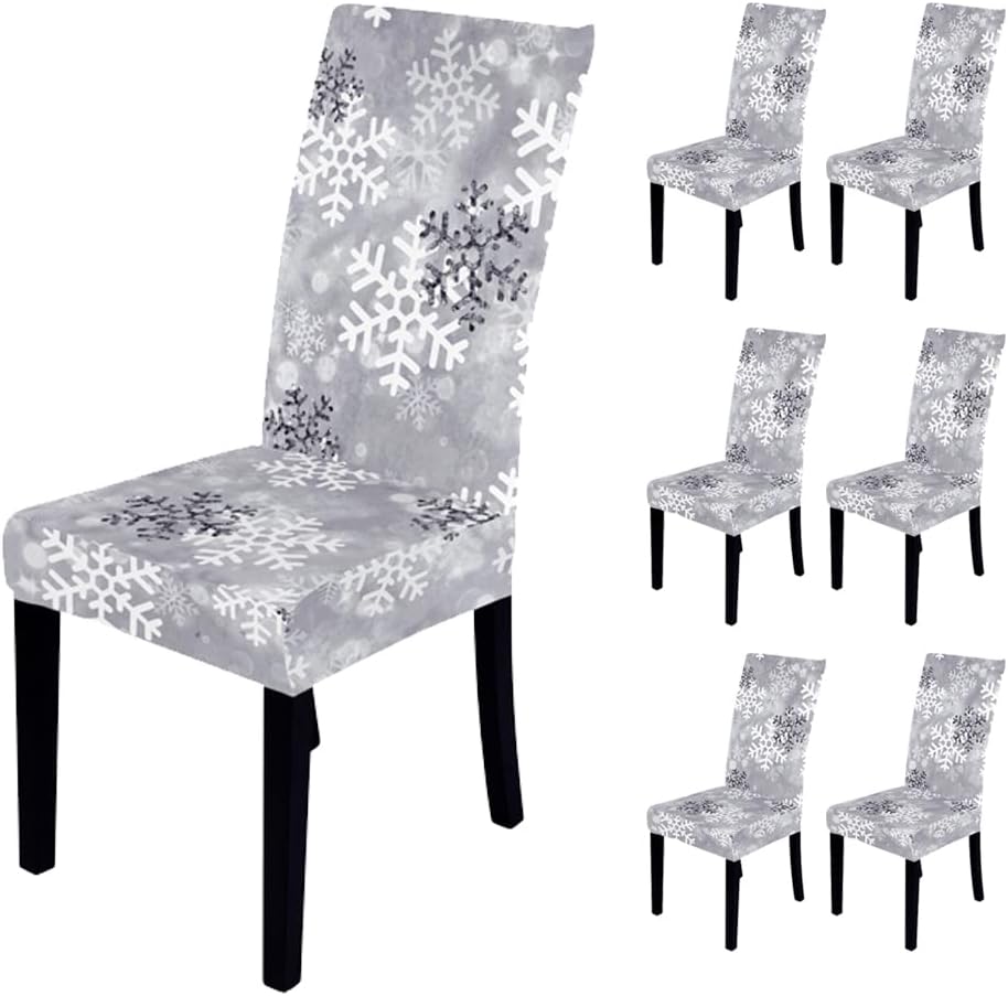 Bnitoam 6 Pieces Christmas Dining Chair Covers Stretch Printed Parsons Chair Slipcovers Seat Protector for Holiday Decoration Party Dining Room Kitchen (Snowflake)