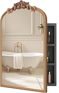24x35 Vintage Bathroom Medicine Cabinet Mirror with Storage Gold | Easy Install Tempered Glass Mirror, Durable Vintage Metal Frame Medicine Cabinet, Recessed or Wall Mount, 2 Shelves