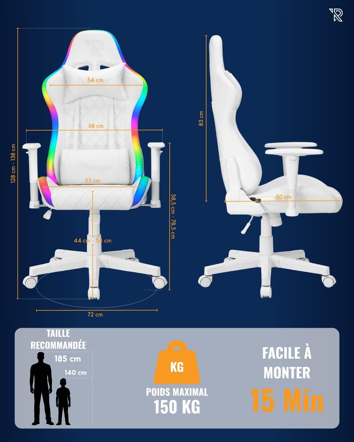 Halo Chaise Gaming RGB avec Éclairage LED, Dossier Inclinable 180°, Accoudoirs 2D, Coussins Amovibles, Base Nylon Robuste Et Confort Ergonomique pour Longues Sessions, Blanc