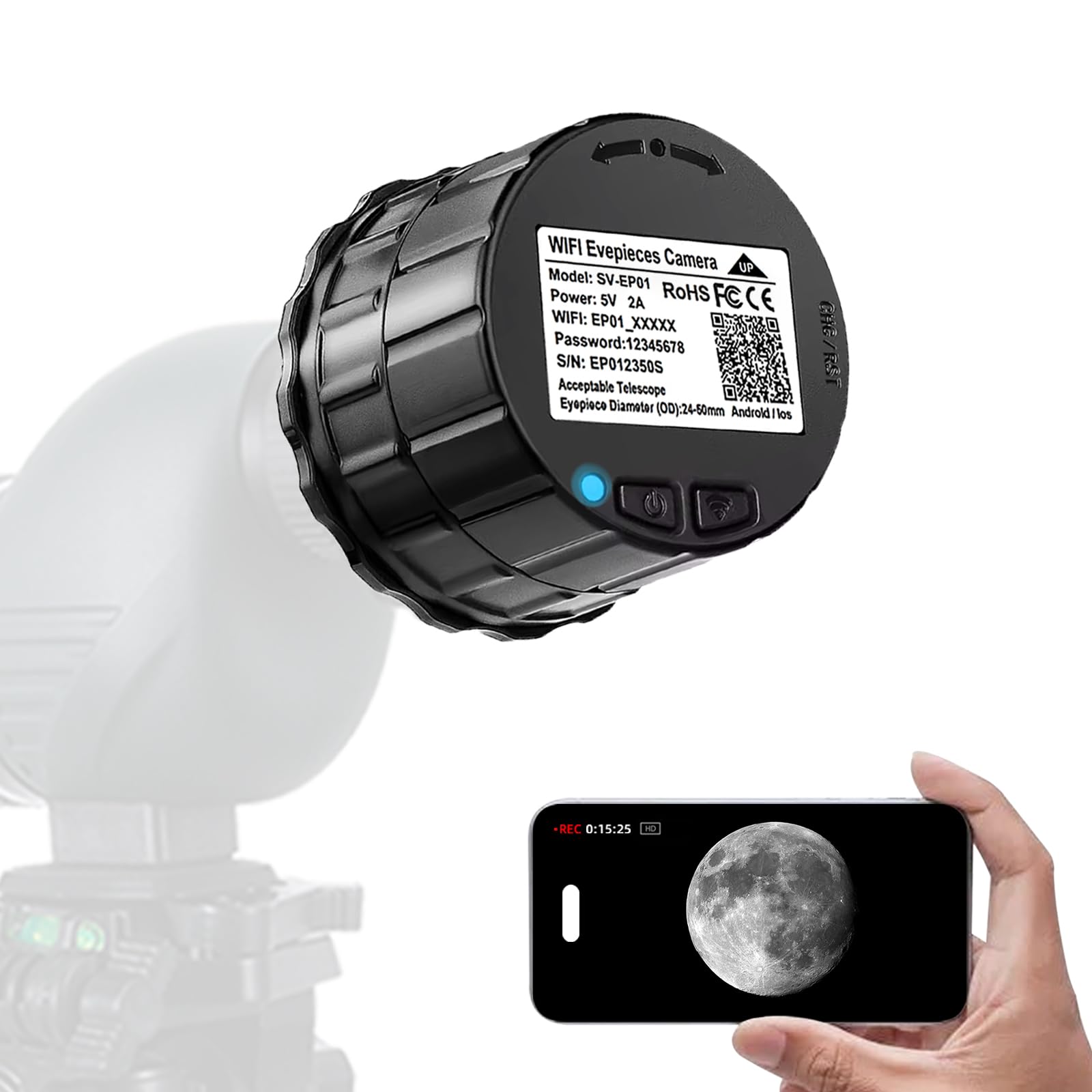 WiFi Telescope Eyepiece Camera for 24mm-50mm Microscopes, Spotting Scopes, Binoculars & Digital Telescope Accessories - 32GB Storage, Ideal for Moon, Bird Watching