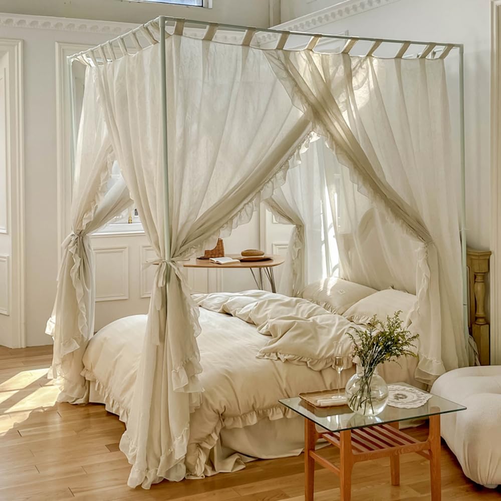 Mengersi Betthimmel-Vorhänge, Leinen-Betthimmel-Vorhänge, 4 Eck-Bettvorhänge, Baldachin-Vorhänge für Schlafzimmer-Dekor (Elfenbein, voll)