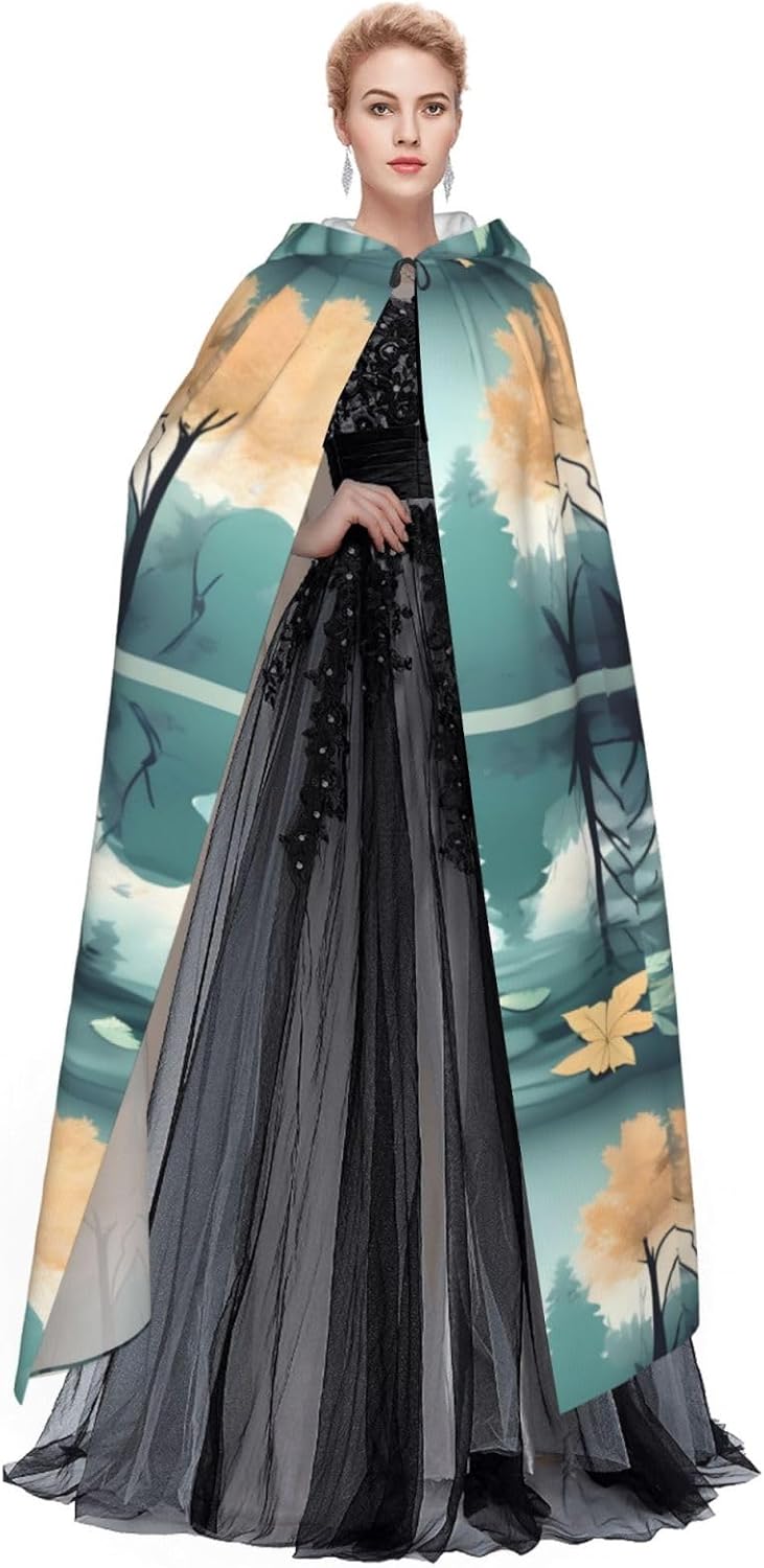 Fallen Leaves On A Tranquil Lake Men Women Halloween Role Play Party Decoration Hooded Poncho Black