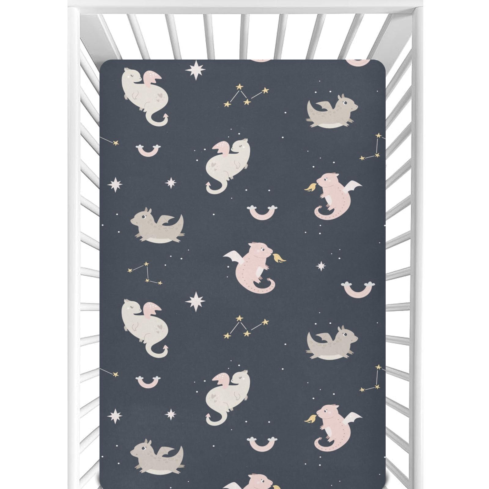 CaTaKu Cute Dragon Space Crib Sheets for Girls Boys,Baby Crib Fitted Sheets for Mini Crib and Toddler Mattress, Soft Baby Nursery Bed Sheets Neutral 28"x 52"