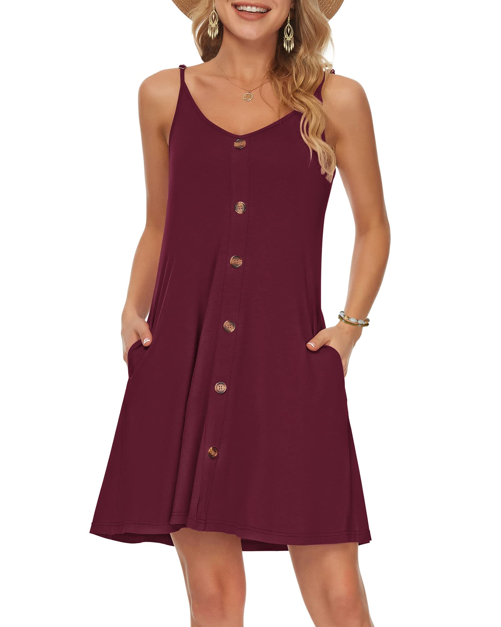 WNEEDU Damen Kleid Sommer Spaghettiträger Sommerkleid Kurze Strandkleider V Ausschnitt Leichte Freizeitkleid mit Taschen