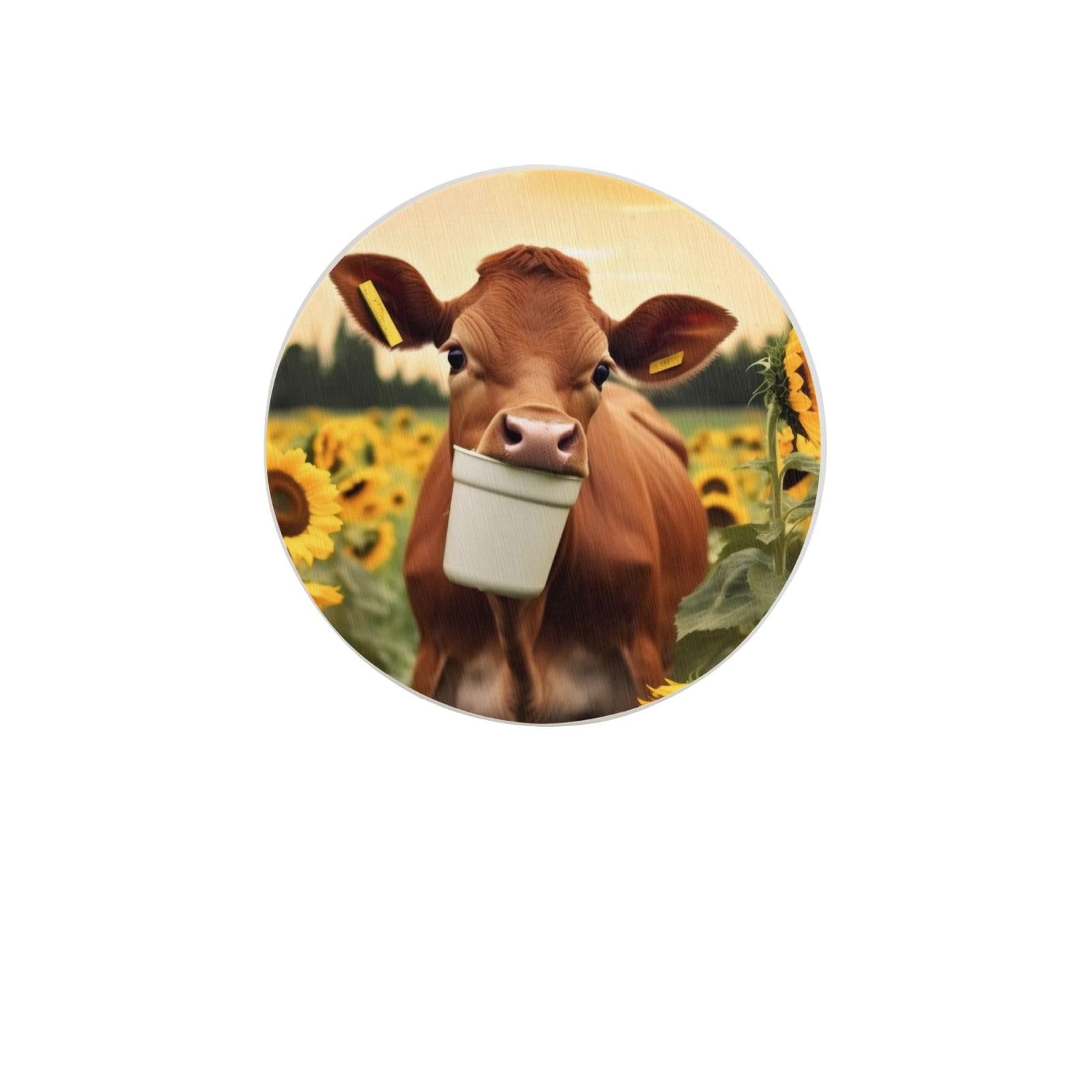 Cow in Sunflowers Absorbent Drink Coasters Diatomaceous Round Coaster 4 Inch Reusable Cup Coasters Set 4pc