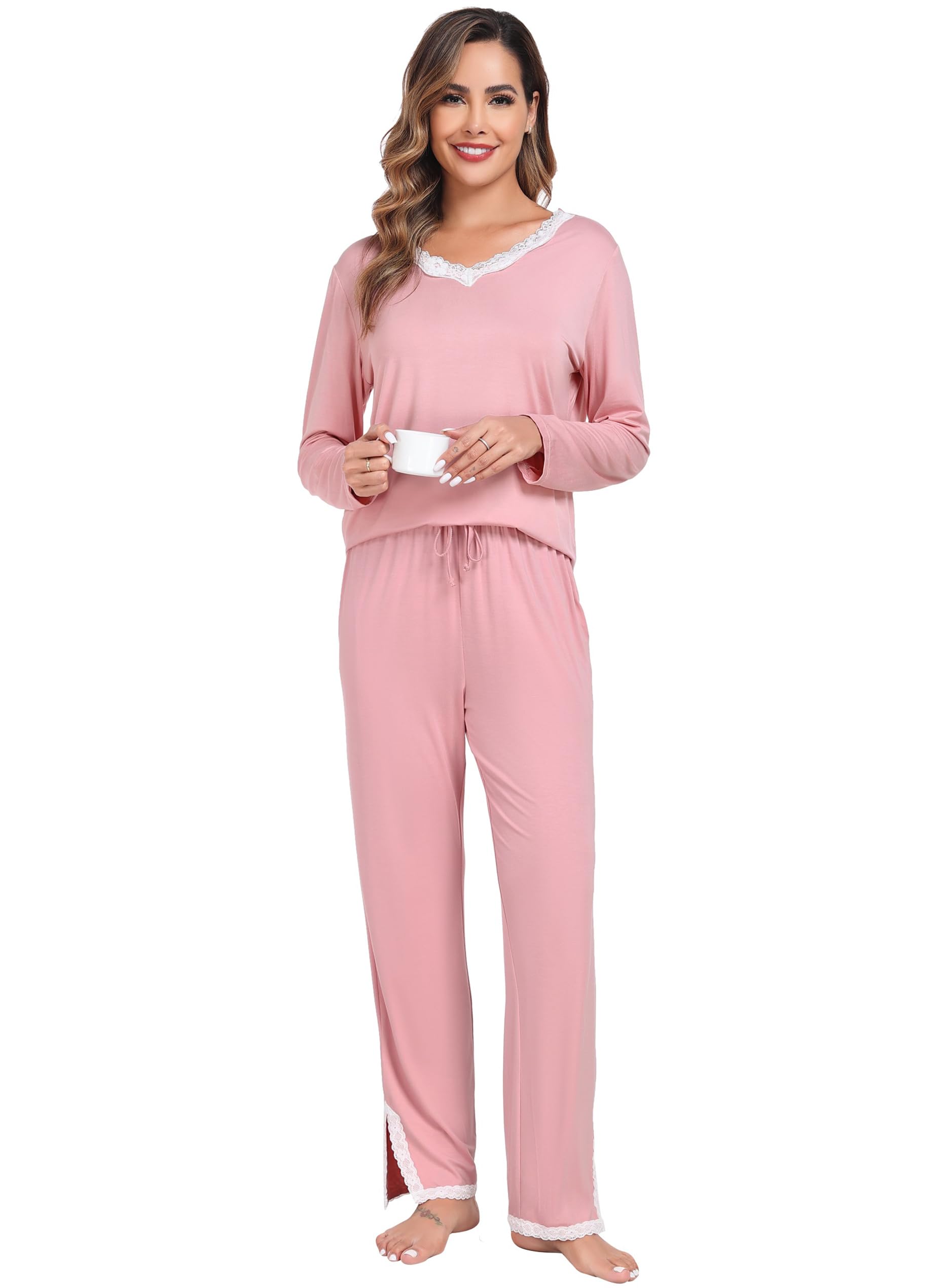 Lovasy Pigiama Donna Manica Lunga Pantaloni Lunghi Casual Scollo a V Top con Motivo a Pois Carino con Tasca Due Pezzi