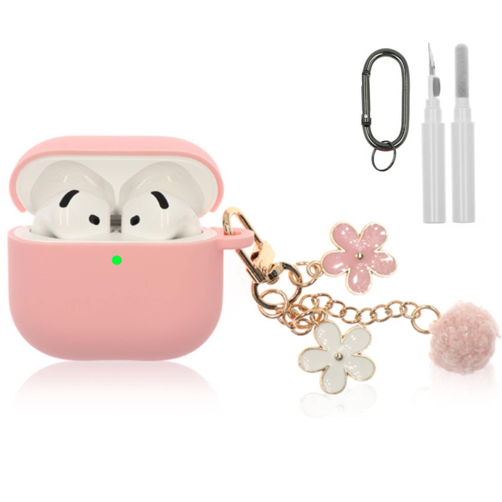 Compatible with AirPods 4 Case 2024, Premium Soft Silicone Protective Case Cover for Apple AirPods 4th Generation with Cleaner Kit, Carabiner and Keychain Accessories for Women Girls (Pink)
