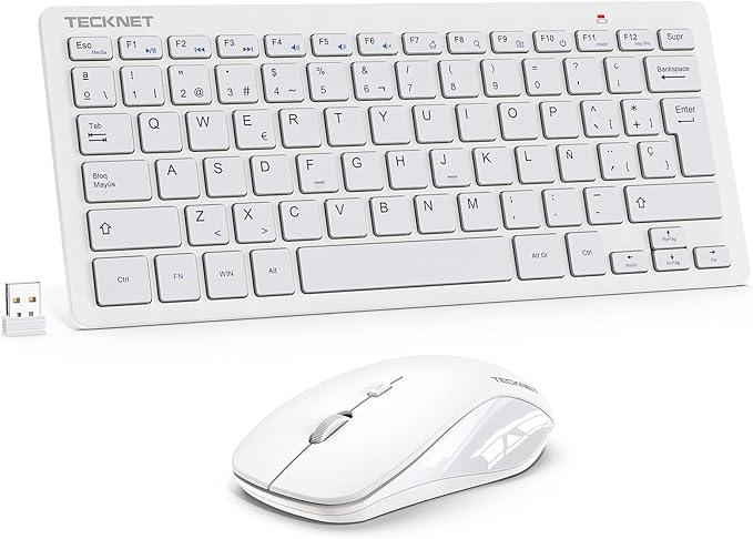 Mini Teclado y Raton Inalámbrico Ultra Delgado, TECKNET 2.4G Ergonómico Teclado, Toque Silencioso, Distancia de Rrabajo de 15 M, Portátil Teclado y Mouse per PC/Smart TV/Ordenador (Español,con la Ñ)