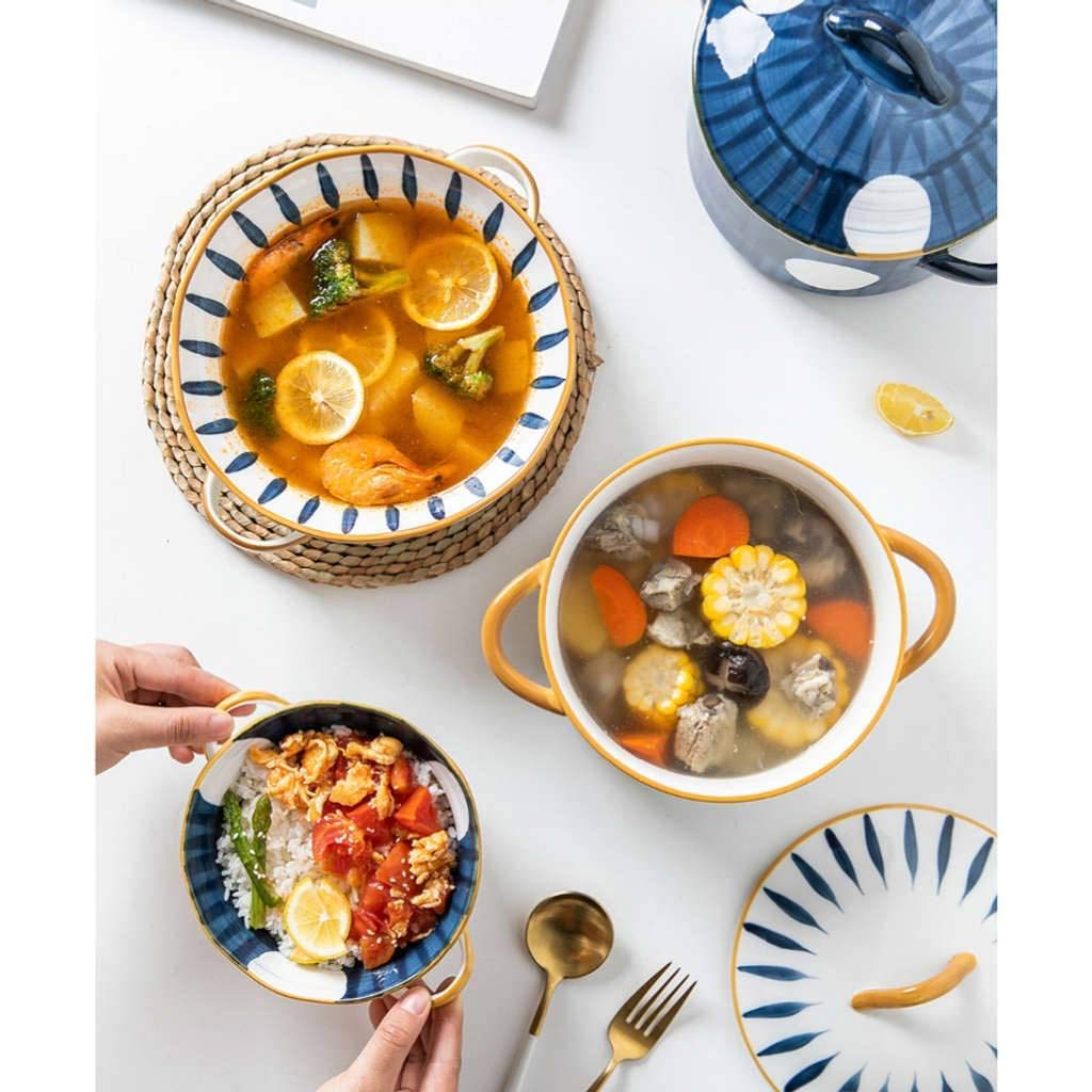 Suppenschüssel mit 2 Griffen Japanische Art, große Suppentassen mit Griffen und Deckel in China Porzellan Keramikofen Mikrowellengeeignete mikrowellengeeignete Küche für Nudeln Obstsalat-C-1