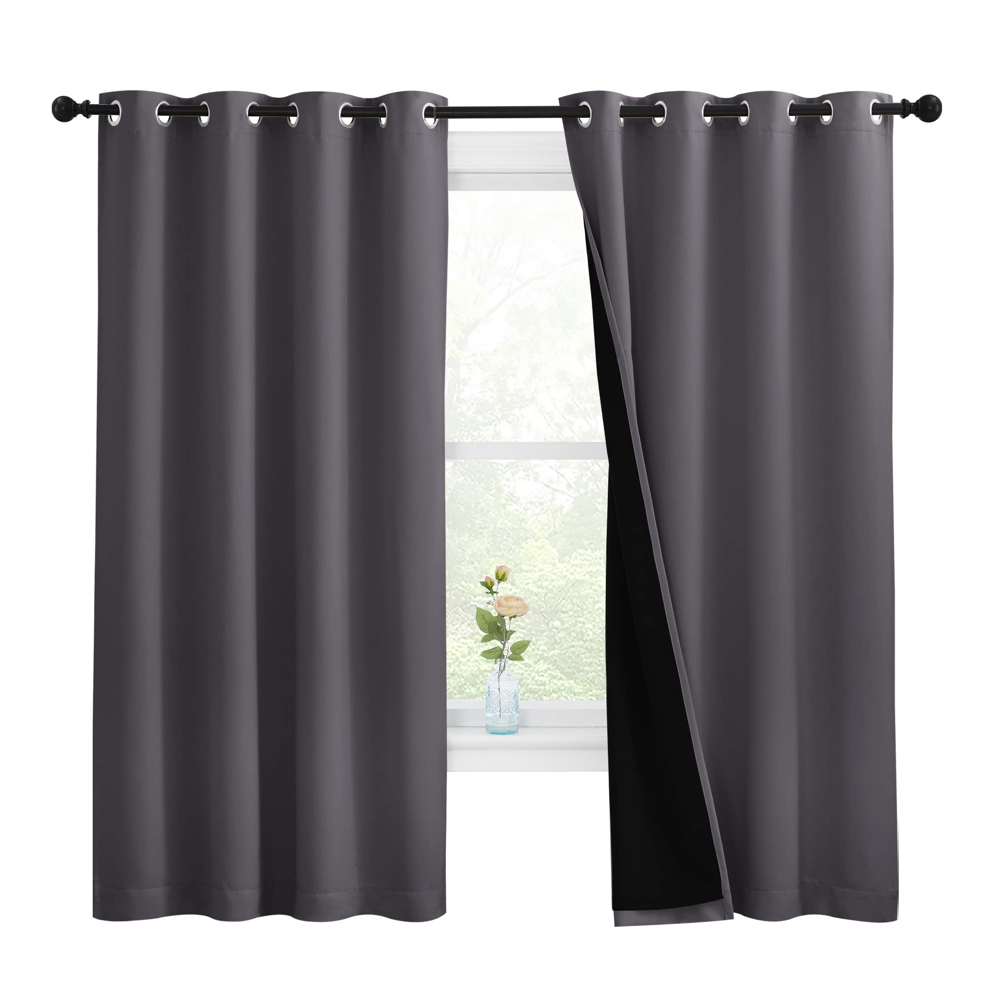 NICETOWN 100% Blackout Curtains with Black Liners, Thermal Insulated Full Blackout 2-Layer Lined Drapes, Energy Efficiency Window Draperies for Bedroom (Grey, 2 Panels, 55-inch W by 68-inch L)
