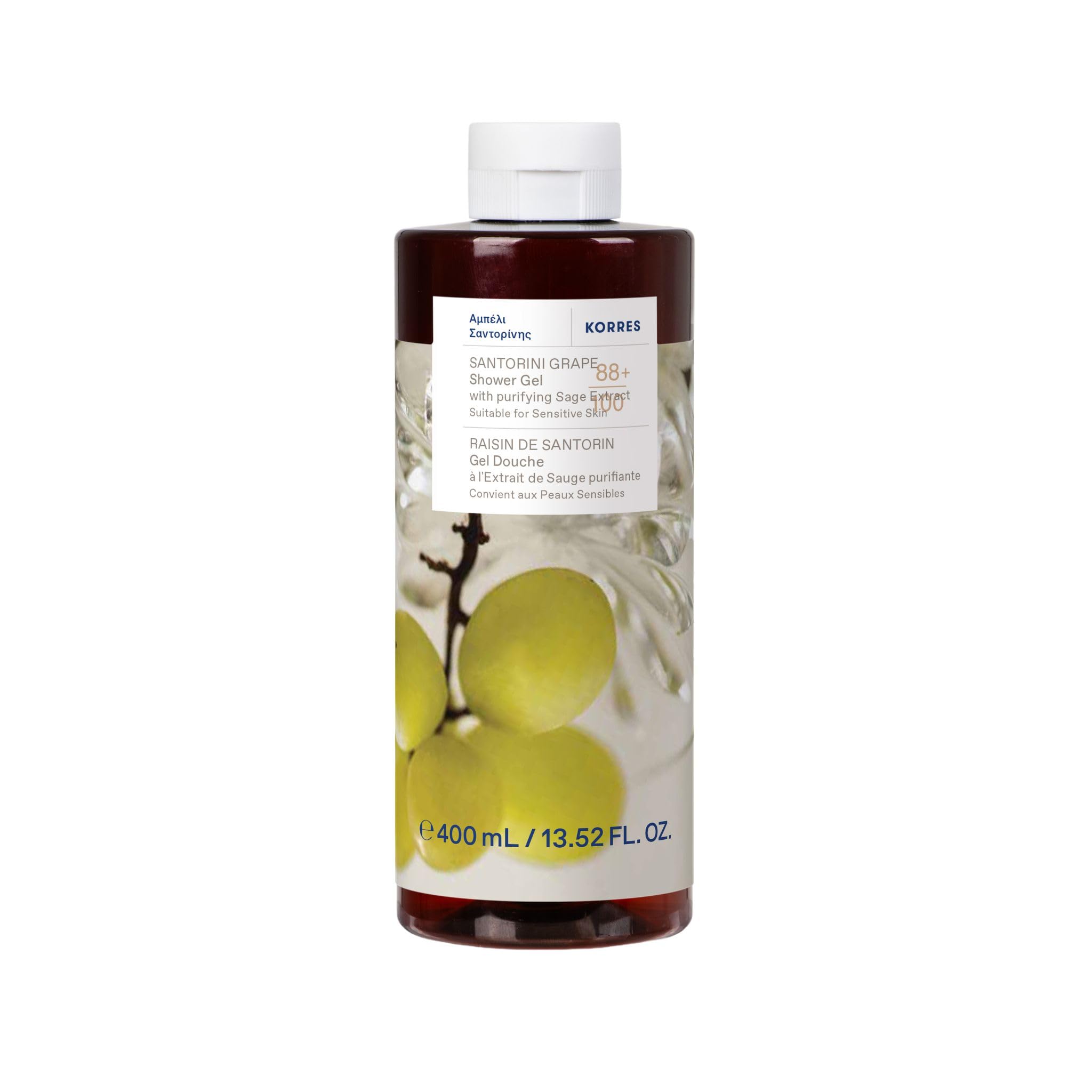 KORRES SANTORINI GRAPE Gel doccia con estratto detergente di salvia, con delizioso profumo di uva fruttata, dermatologicamente testato, vegano, senza siliconi e parabeni, 400 ml