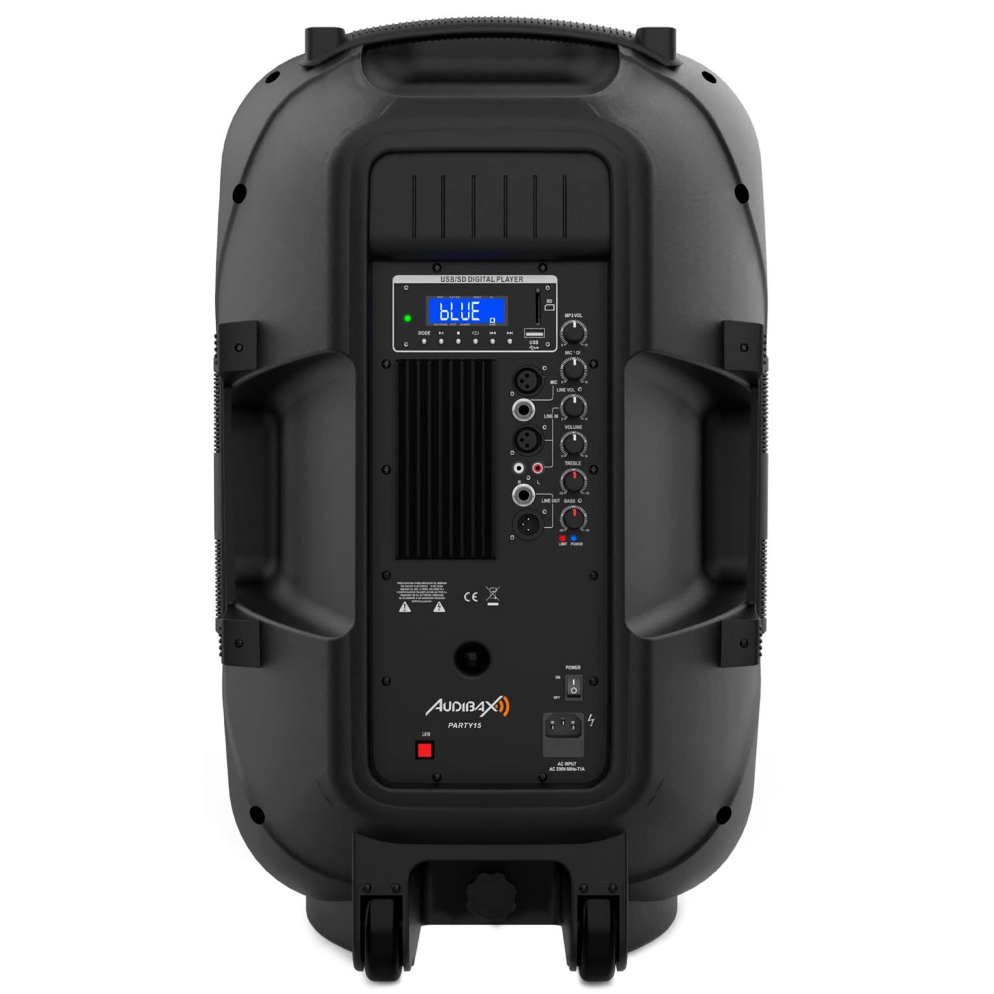 Audibax Party 15 - Haut-Parleur Active 15" - Puissance 600W - Enceinte Amplifié - Connexion USB/SD - Support + Câble + Microphone Inclus - Haut-Parleur Bluetooth - Illumination LED