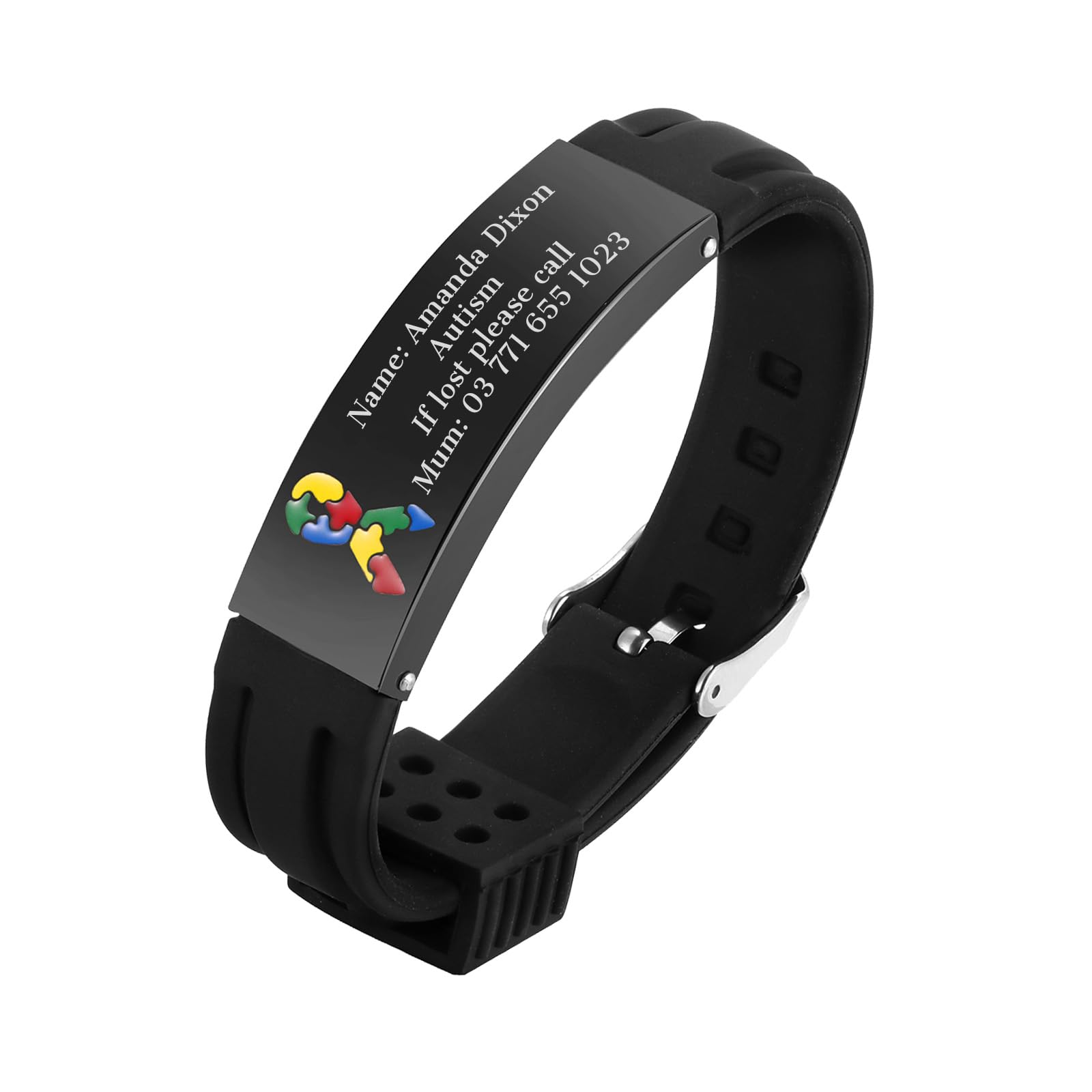 Personalised Child Safety ID Wristband - Engraved Name Contact Number Emergency Medical Bracelet for Autism Kids, Customised Anti Lost ID Wristband for Children Boys Girls, Waterproof Adjustable