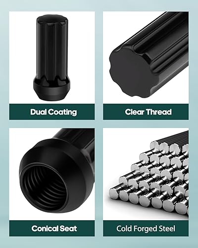 Miniatura 4 de Scitoo Tuerca de llanta de rueda de 14 x 2, 24 piezas + 2 llaves negras con 2 llaves de enchufe, tuercas M14x2.0, extremo cerrado de 2 pulgadas, se