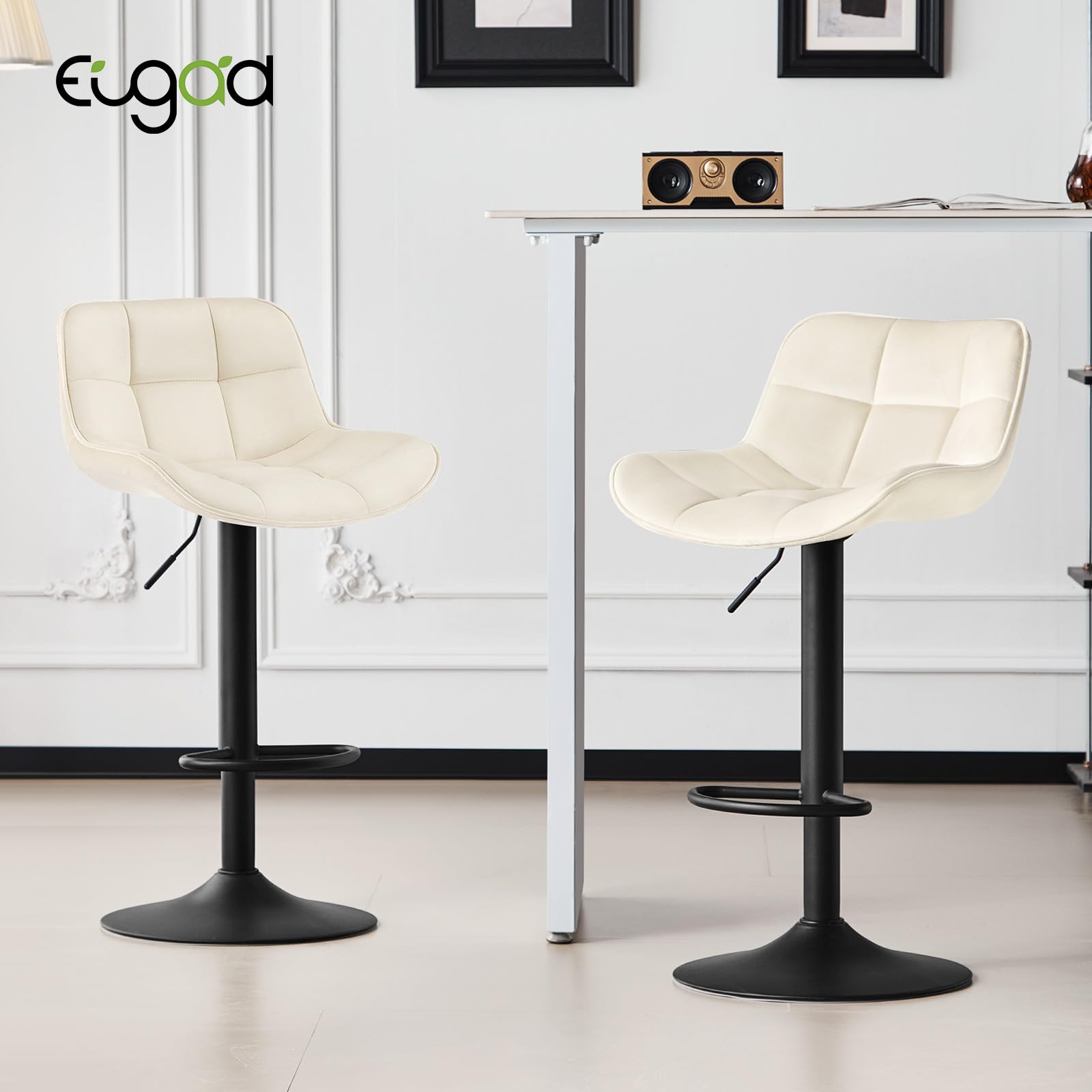 EUGAD Sgabelli Bar Set di 2 con Schienale, Regolabile, Velluto, Crema | Sgabello da Cucina, con Poggiapiedi, Sedia Alta Girevole, con Seduta Imbottita, Altezza Sedile