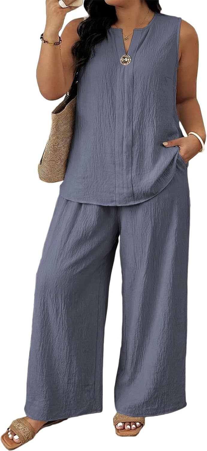 Eytino Plus Size 2 Piece Sets for Women Summer Travel Vacation Outfits Sleeveless Tops Wide Leg Pants Matching Sets(1X-5X)