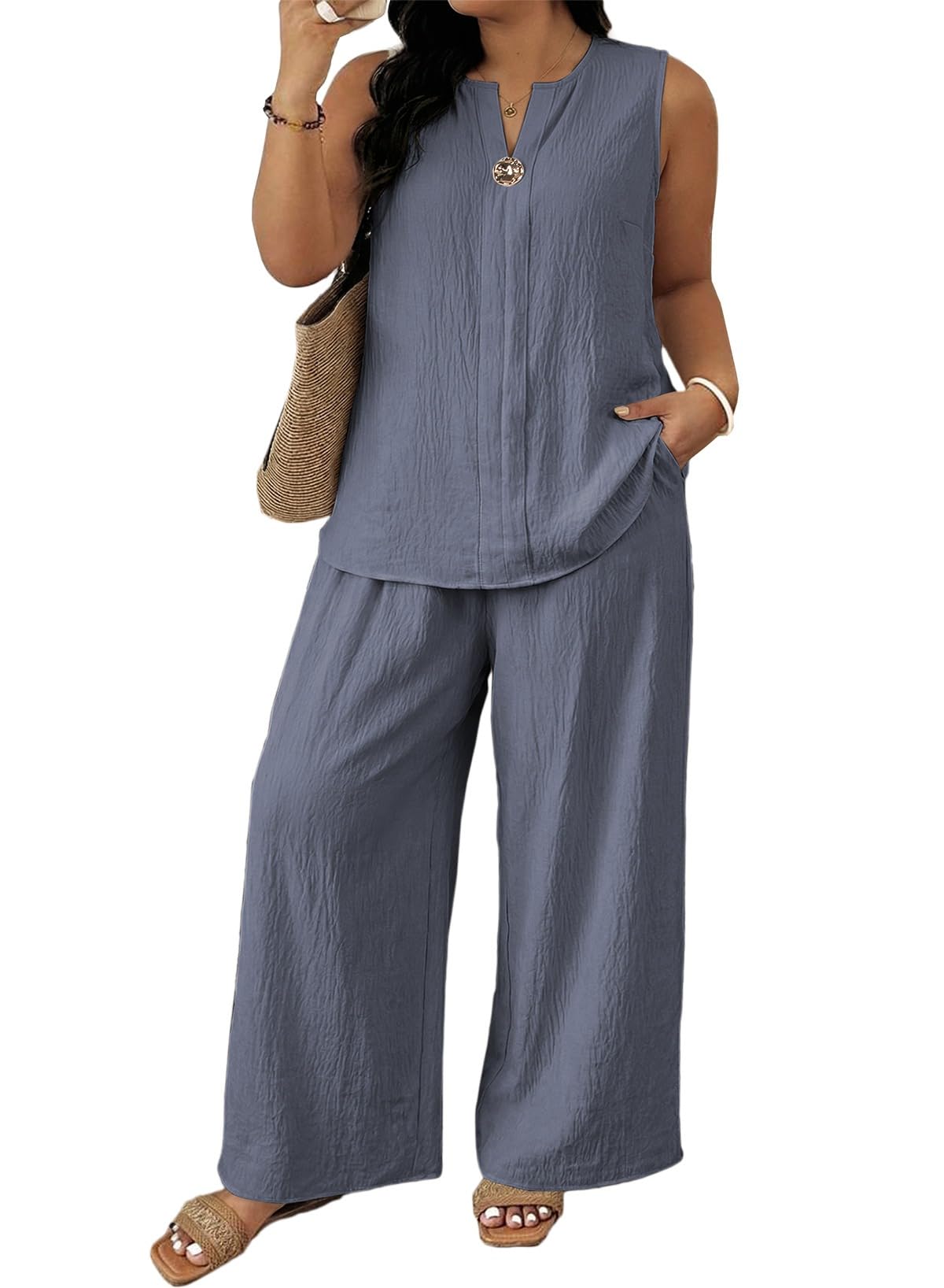 Eytino Plus Size 2 Piece Sets for Women Summer Travel Vacation Outfits Sleeveless Tops Wide Leg Pants Matching Sets(1X-5X)