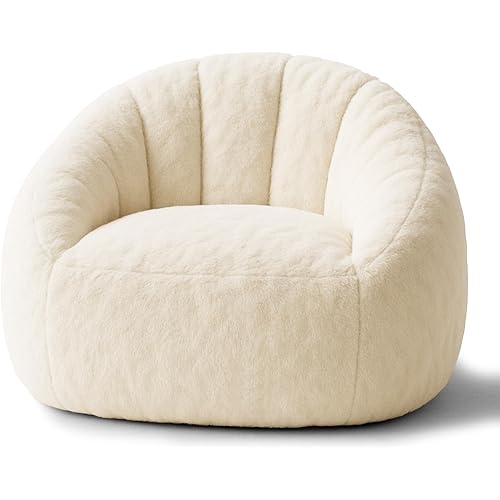 Bean Bag Chair, Shell-Shaped Bean Bag Couch for Adults, Giant Bean Sofa with High-Rebound Memory Foam, Chair with Faux Fur Removable Cover, Big Sofa for Reading, Gaming, Beige