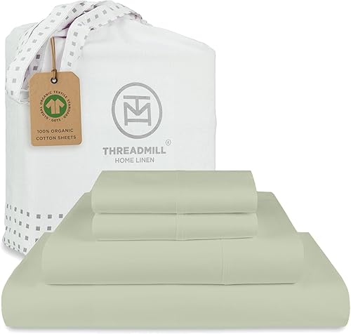 Threadmill Juego de sábanas 100% algodón orgánico, tamaño matrimonial, 4 piezas, color verde salvia, certificado GOTS, sábanas ligeras y