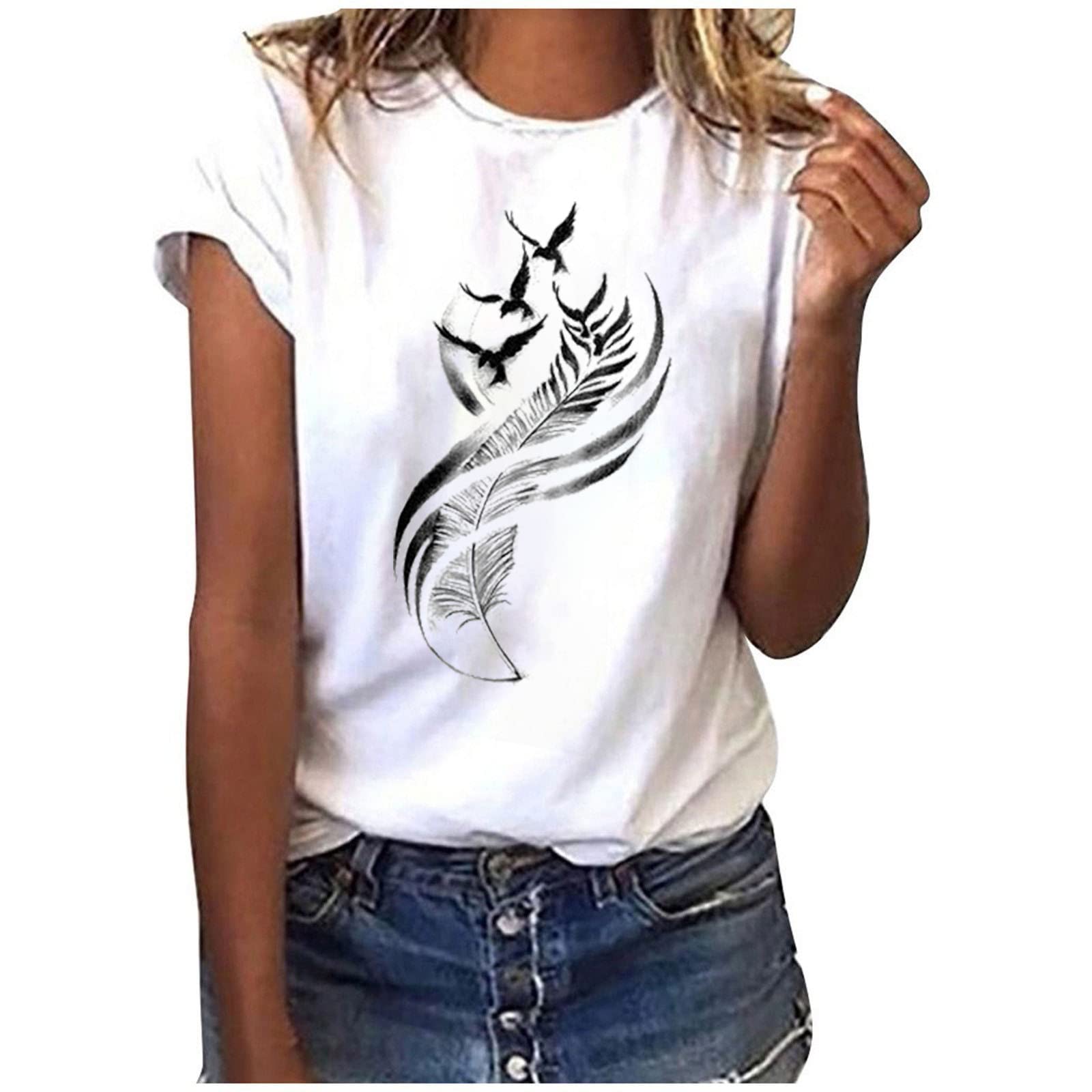Women's Short Sleeve Regular Fit Shirt Blouse Trendy Feather Graphic Print Tees Shirts Casual Summer Tops