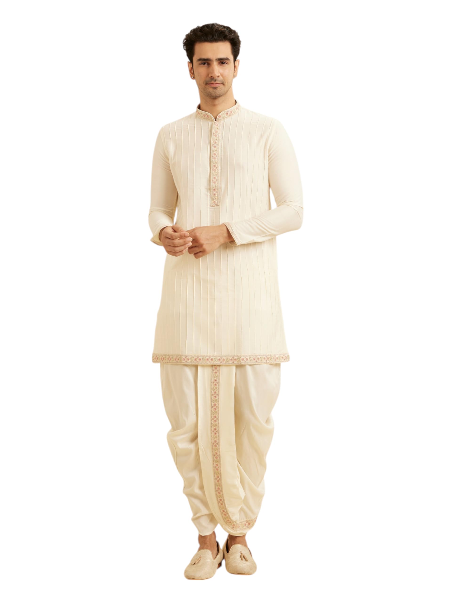 Men's Viscose Blend Self Design Kurta Dhoti Set (Warm White,L)
