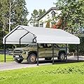JY QAQA 12 x 15 FT Metal Carport Kits with Galvanized Steel Roof, Heavy Duty Metal Carport Canopy, Outdoor Car Tent Garage Shelter for Car, SUV, Truck and Boats, White