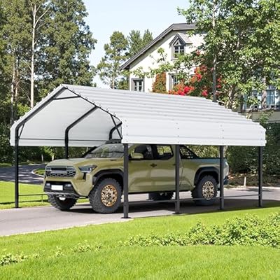 JY QAQA 12 x 15 FT Metal Carport Kits with Galvanized Steel Roof, Heavy Duty Metal Carport Canopy, Outdoor Car Tent Garage Shelter for Car, SUV, Truck and Boats, White