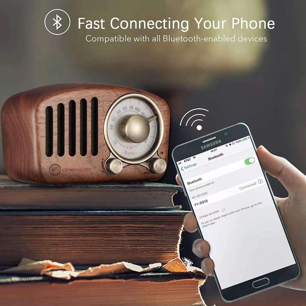 Radio Bluetooth w stylu vintage z dużym oknem tuningowym kompasu, bateria 1100 mAh, głośnik mono, jednopasmowy FM, żywotność 8 godzin, idealne do użytku domowego
