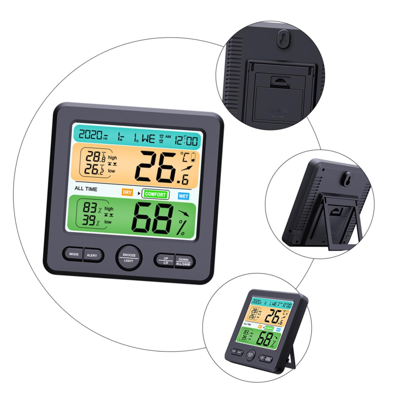 Thermohygrometer Uhr Schwarz mit LED Anzeige, Abs, 1 Stück | Klappbarer Standfuß, ohne Batterie, für Tisch und Wandmontage, Temperaturgenauigkeit ±1 °c, Feuchte ±5 % Rh