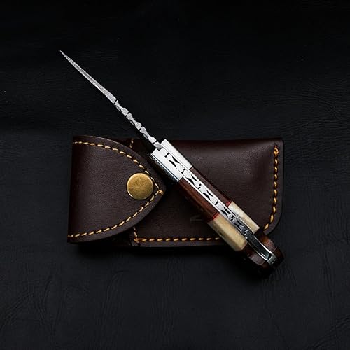 Miniatura 7 de Morf Industries Cuchillo de bolsillo hecho a mano de Damasco con mango de madera de rosa, regalo de cumpleaños, cuchillo plegable para padrinos de