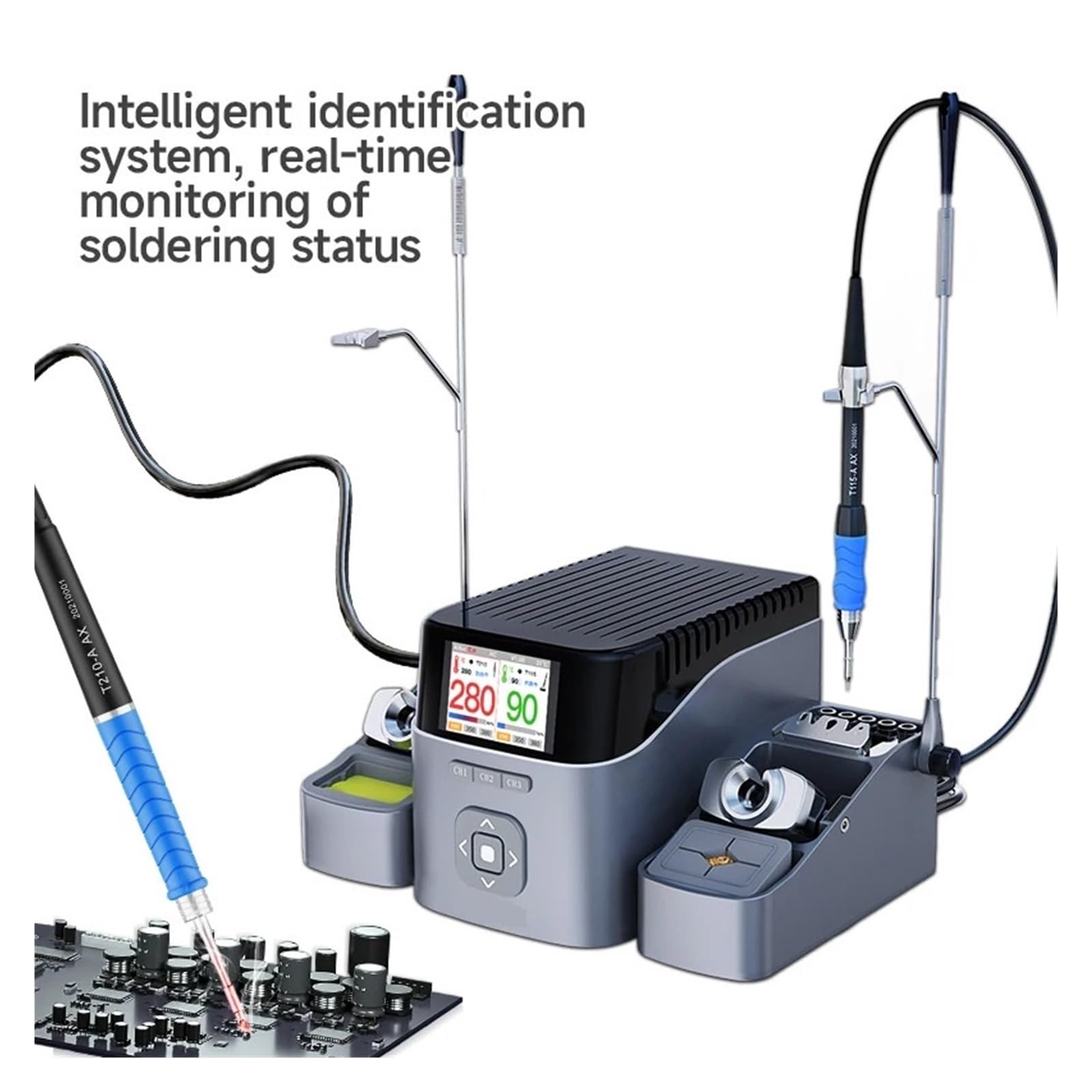 Stacja lutownicza, T420D Dwukanałowa Inteligentna Stacja Lutownicza Kontrola Temperatury HD Wyświetlacz Ciekłokrystaliczny Naprawa Narzędzi Lutowniczych(C245 C210 handle set)