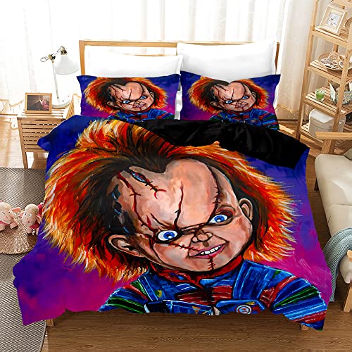 PTNQAZ Juego de ropa de cama de muñeca de terror con estampado en 3D, con fundas de almohada, diseño de personaje de Moive Chucky, funda de edredón de ropa de cama (individual, 2)